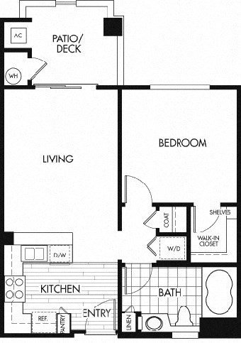 Floor plan for 1 bed, 1 bath, 599 sqft