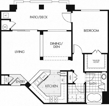 Floor plan for 1 bed, 1 bath, 807 sqft