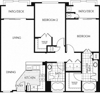 Floor plan for 2 beds, 2 baths, 1040 sqft
