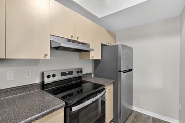 Miramar apartment for rent - A kitchen with a black stove top oven and a stainless steel refrigerator.