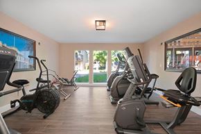 Citrus Heights apartment for rent - a gym with cardio equipment and a large window with a view of the street at Citrus Heights Apartments, California, 95621