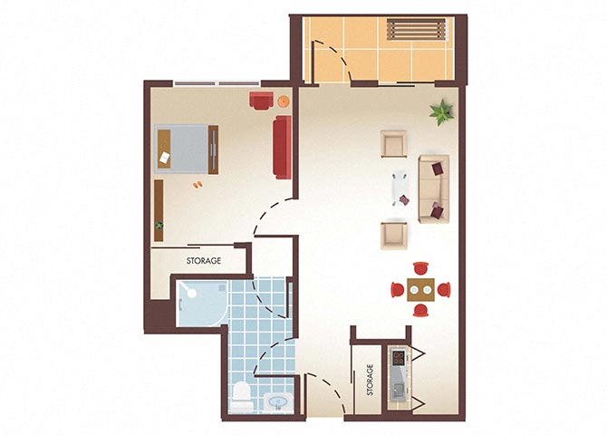 Floor plan for 1 bed, 1 bath, 608 sqft
