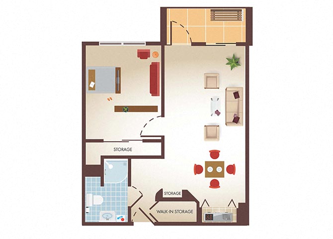 Floor plan for 1 bed, 1 bath, 650 sqft