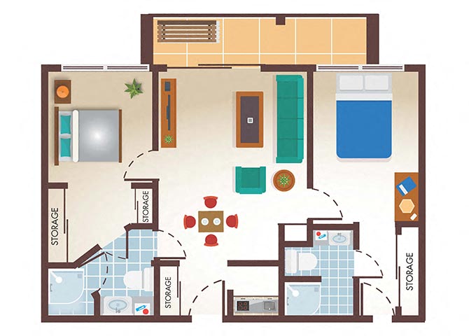 Floor plan for 2 beds, 2 baths, 1040 sqft