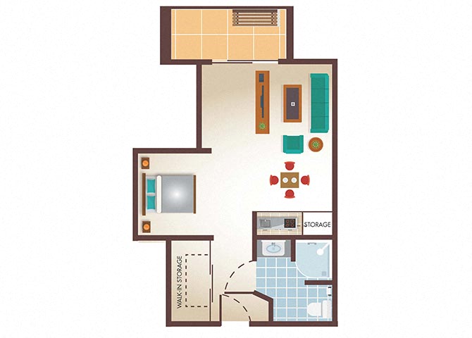 Floor plan for studio, 1 bath, 650 sqft