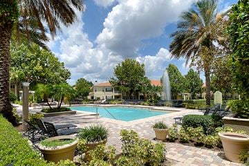 Las Vegas apartment for rent - a swimming pool with palm trees and chairs around it