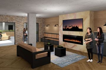 San Diego apartment for rent - A modern living room with a fireplace and a painting on the wall.