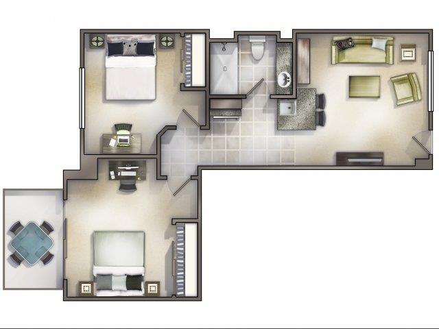 Floor plan for 2 beds, 1 bath, 650 sqft