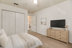 Riverview apartment for rent - A bedroom with a bed, dresser, and a painting on the wall.