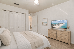 Pace apartment for rent - A bedroom with a bed, dresser, and a painting of a beach scene on the wall.