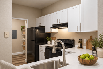 Riverview apartment for rent - A kitchen with a black refrigerator and white cabinets.
