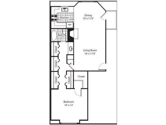 Floor plan for 1 bed, 1 bath, 825 sqft