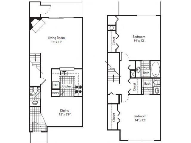 Floor plan for 2 beds, 1.5 baths, 1200 sqft