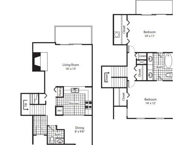 Floor plan for 2 beds, 1.5 baths, 1250 sqft