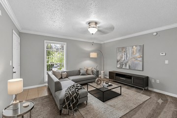 Oldsmar apartment for rent - A living room with a grey couch, a coffee table, and a painting on the wall.