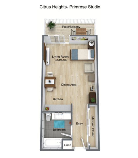 Floor plan for studio, 1 bath, 415 sqft