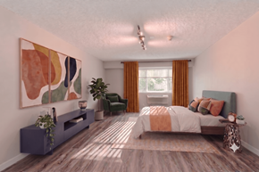 Portland apartment for rent - A bedroom with a bed, a chair, a plant, and a painting on the wall.