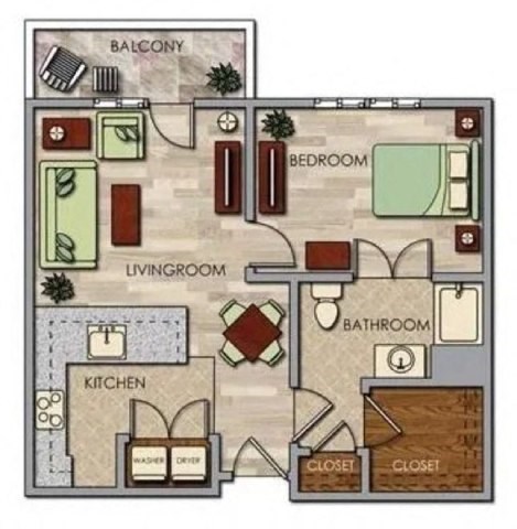Floor plan for 1 bed, 1 bath, 654 sqft