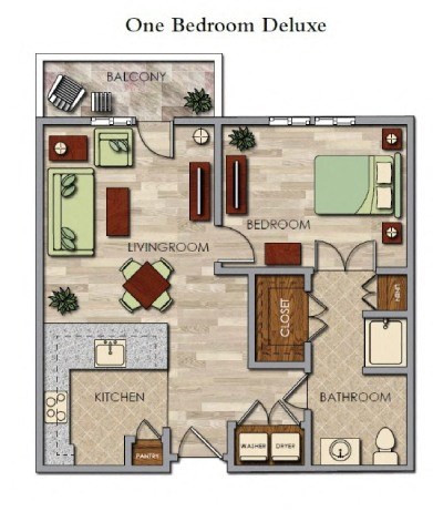 Floor plan for 1 bed, 1 bath, 746 sqft