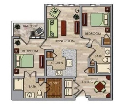 Floor plan for 2 beds, 2 baths, 944 sqft