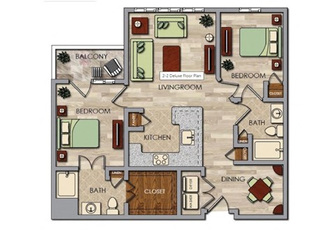 Floor plan for 2 beds, 2 baths, 1024 sqft