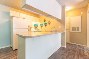 Las Vegas apartment for rent - A kitchen with white cabinets and a white fridge.