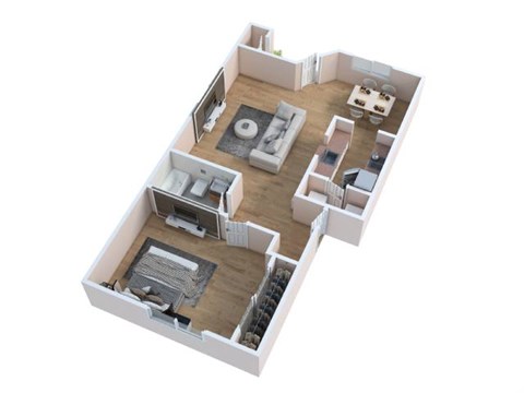Floor plan for 1 bed, 1 bath, 672 sqft