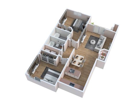 Floor plan for 2 beds, 2 baths, 965 sqft