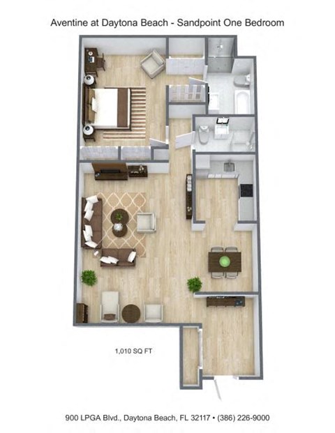 Floor plan for 1 bed, 2 baths, 1010 sqft