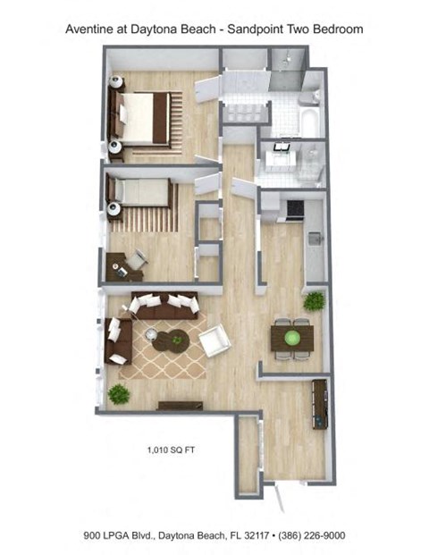 Floor plan for 2 beds, 2 baths, 1010 sqft