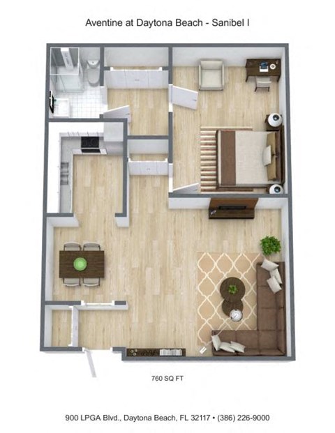 Floor plan for 1 bed, 1 bath, 760 sqft