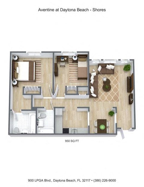 Floor plan for 2 beds, 2 baths, 960 sqft