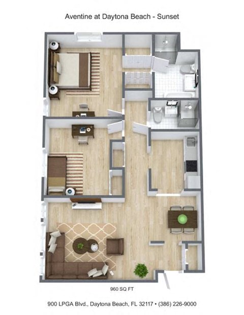 Floor plan for 2 beds, 2 baths, 960 sqft