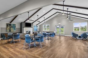 Traverse City apartment for rent - A modern dining room with blue chairs and a wooden floor.