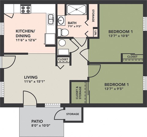 Floor plan for 2 beds, 1 bath