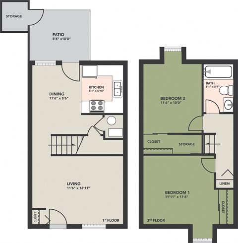 Floor plan for 2 beds, 1 bath