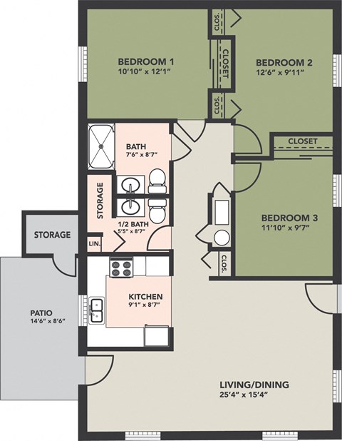 Floor plan for 3 beds, 1.5 baths
