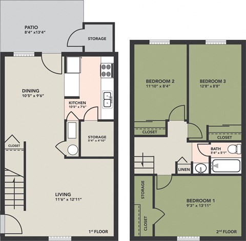 Floor plan for 3 beds, 1 bath