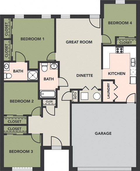 Floor plan for 4 beds, 2 baths
