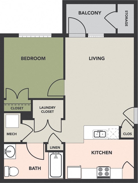 Floor plan for 1 bed, 1 bath, 656 sqft
