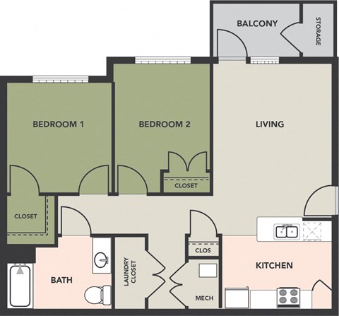 Floor plan for 2 beds, 1 bath, 916 sqft