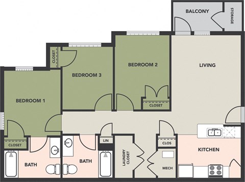 Floor plan for 3 beds, 2 baths, 1104 sqft