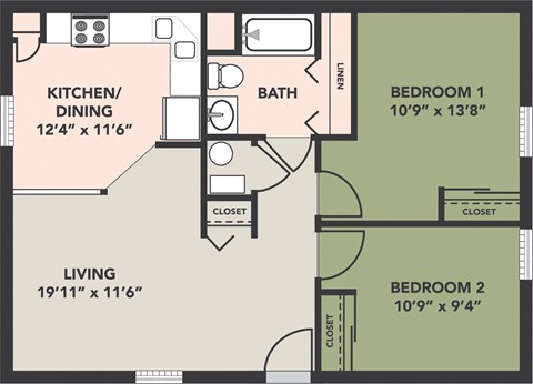 Floor plan for 2 beds, 1 bath