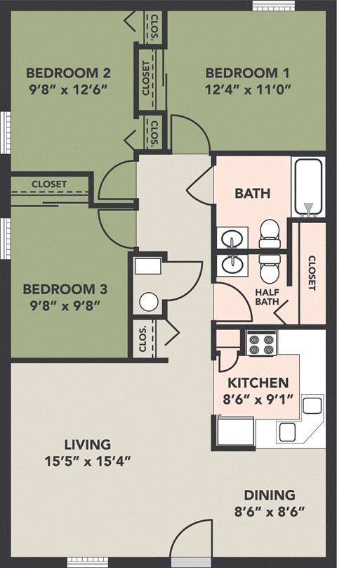 Floor plan for 3 beds, 1.5 baths
