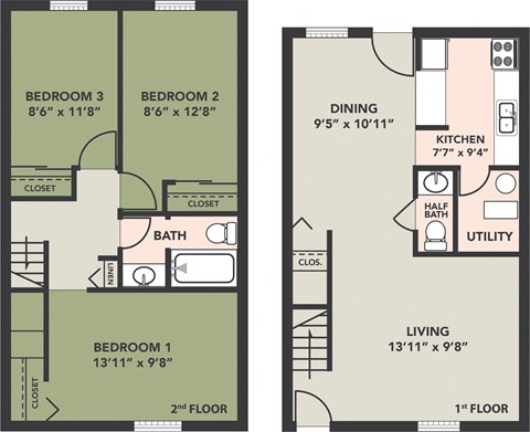 Floor plan for 3 beds, 1.5 baths