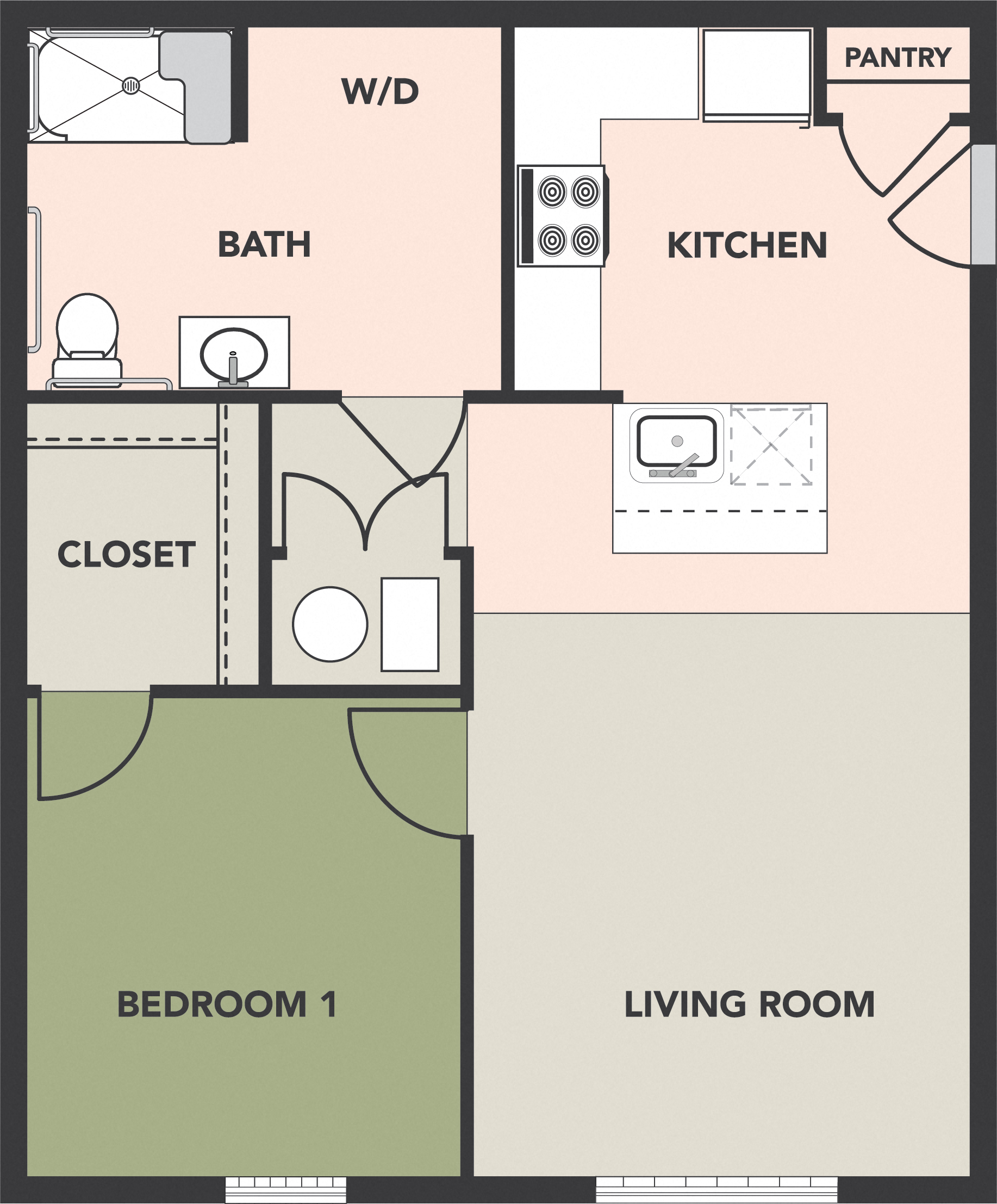 Floor plan for 1 bed, 1 bath, 712 sqft
