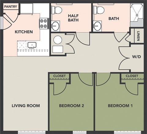 Floor plan for 2 beds, 1.5 baths, 928 sqft