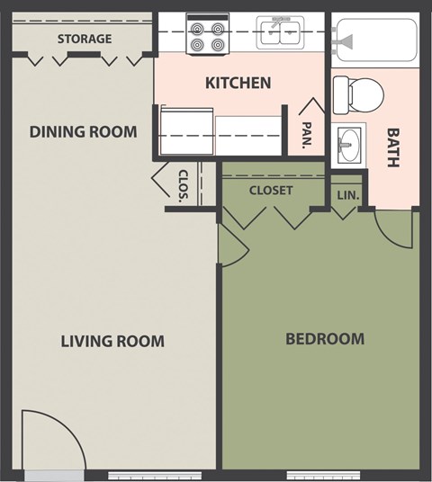 Floor plan for 1 bed, 1 bath, 575 sqft