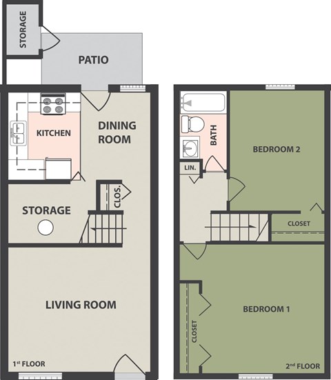 Floor plan for 2 beds, 1 bath