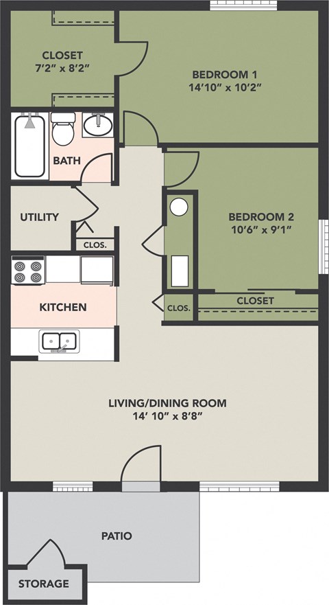 Floor plan for 2 beds, 1 bath
